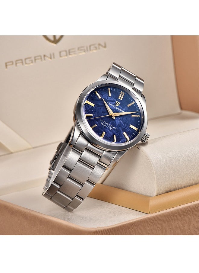 PD1734 Quartz Men's Watches 40mm Full Stainless Steel VH31 Movement Business Waterproof Wrist Watches for Men,Silver Blue