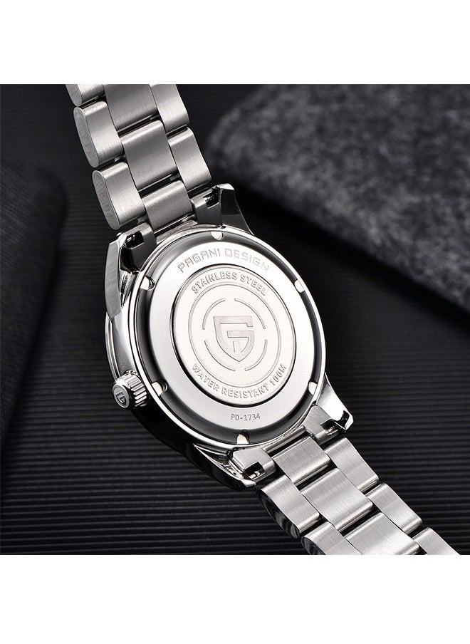 PD1734 Quartz Men's Watches 40mm Full Stainless Steel VH31 Movement Business Waterproof Wrist Watches for Men,Silver Blue