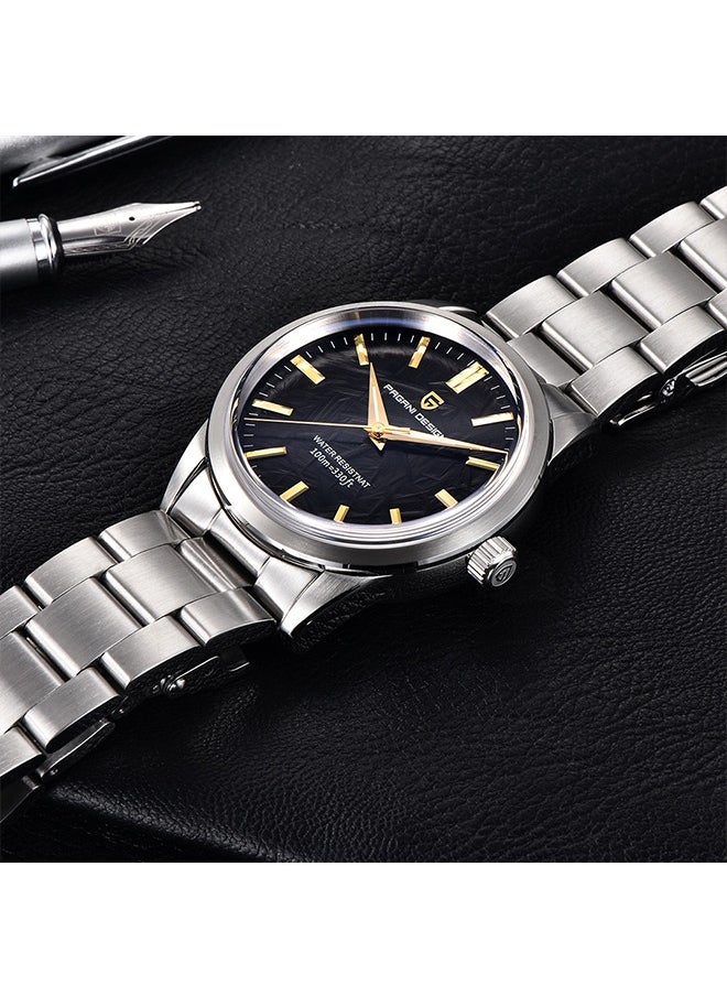 PD1734 Quartz Men's Watches 40mm Full Stainless Steel VH31 Movement Business Waterproof Wrist Watches for Men,Silver Black