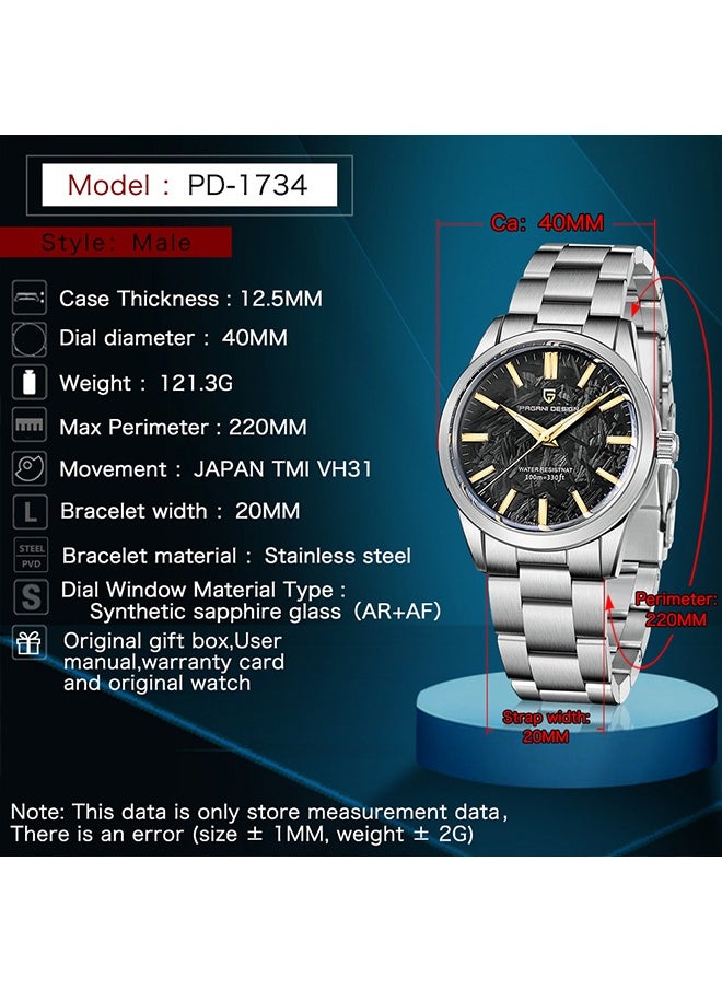 PD1734 Quartz Men's Watches 40mm Full Stainless Steel VH31 Movement Business Waterproof Wrist Watches for Men,Silver Black