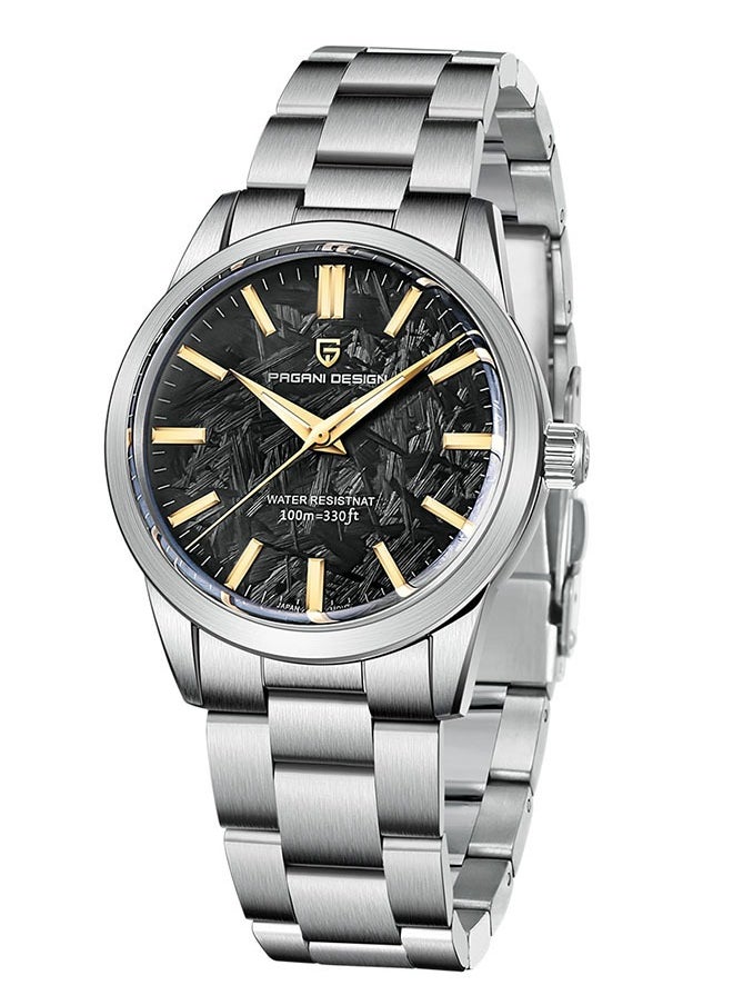 PD1734 Quartz Men's Watches 40mm Full Stainless Steel VH31 Movement Business Waterproof Wrist Watches for Men,Silver Black