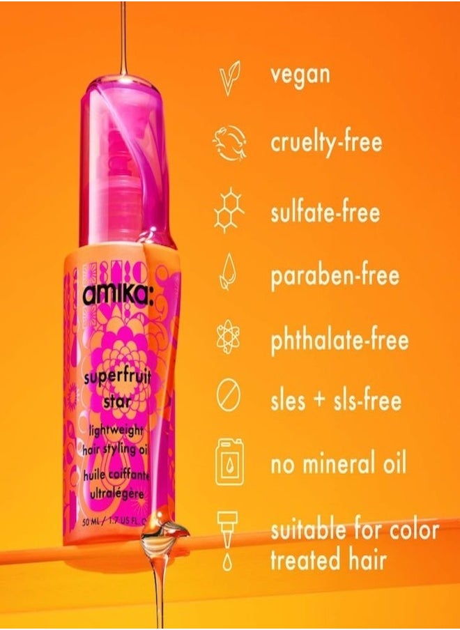 Amika Superfruit Star Lightweight Hair Styling Oil – Nourishing, Frizz-Control, and Shine-Enhancing Oil for All Hair Types, 50ml