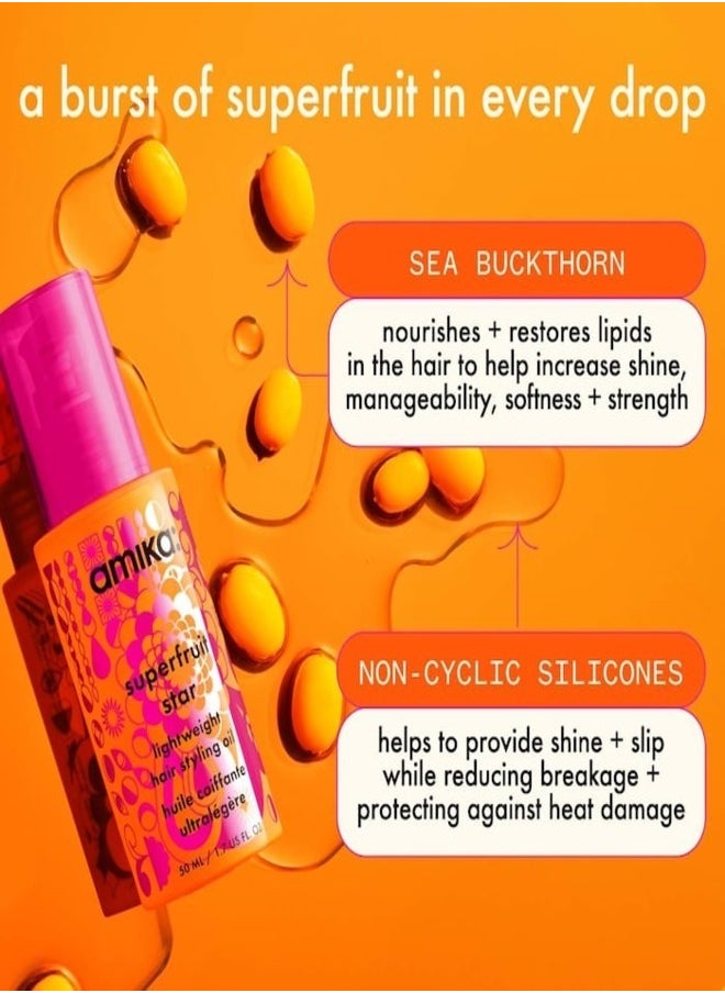 Amika Superfruit Star Lightweight Hair Styling Oil – Nourishing, Frizz-Control, and Shine-Enhancing Oil for All Hair Types, 50ml
