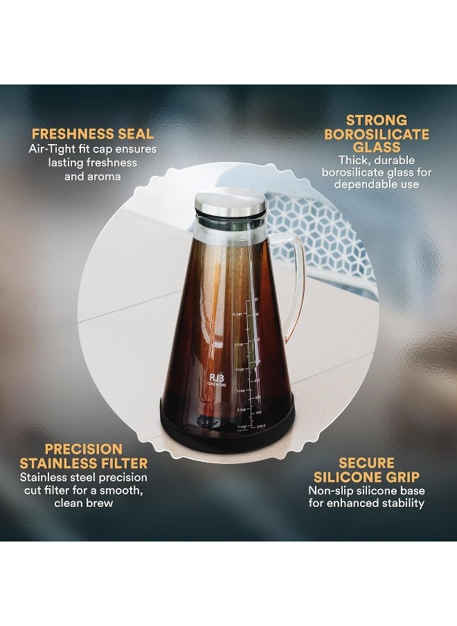 Ovalware Airtight Cold Brew Iced Coffee Maker (& Iced Tea Maker) with Spout – 1.5L/ 51oz RJ3 Brewing Glass Carafe with Removable Stainless Steel Filter