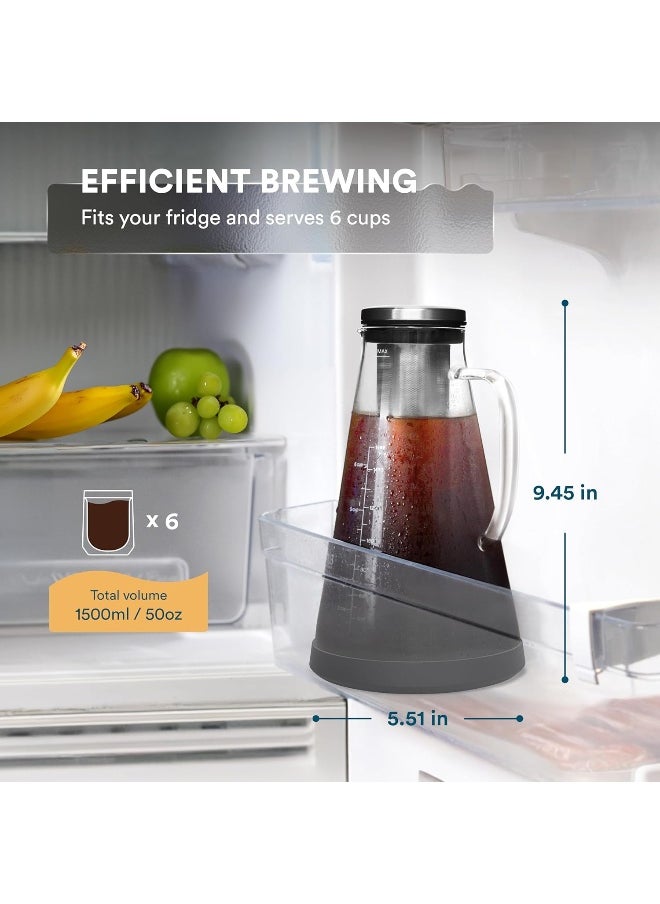 Ovalware Airtight Cold Brew Iced Coffee Maker (& Iced Tea Maker) with Spout – 1.5L/ 51oz RJ3 Brewing Glass Carafe with Removable Stainless Steel Filter