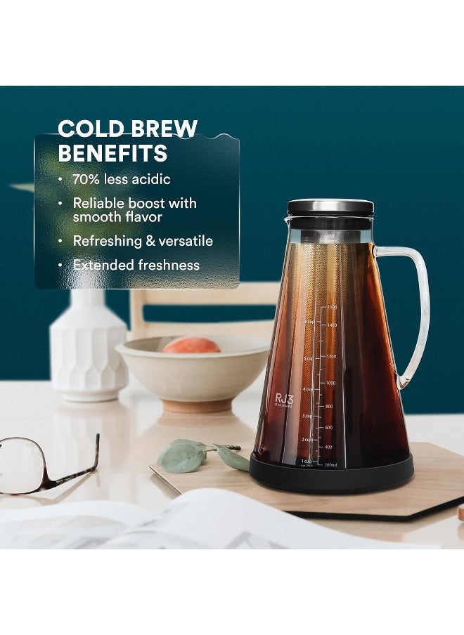 Ovalware Airtight Cold Brew Iced Coffee Maker (& Iced Tea Maker) with Spout – 1.5L/ 51oz RJ3 Brewing Glass Carafe with Removable Stainless Steel Filter