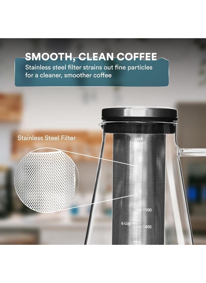 Ovalware Airtight Cold Brew Iced Coffee Maker (& Iced Tea Maker) with Spout – 1.5L/ 51oz RJ3 Brewing Glass Carafe with Removable Stainless Steel Filter