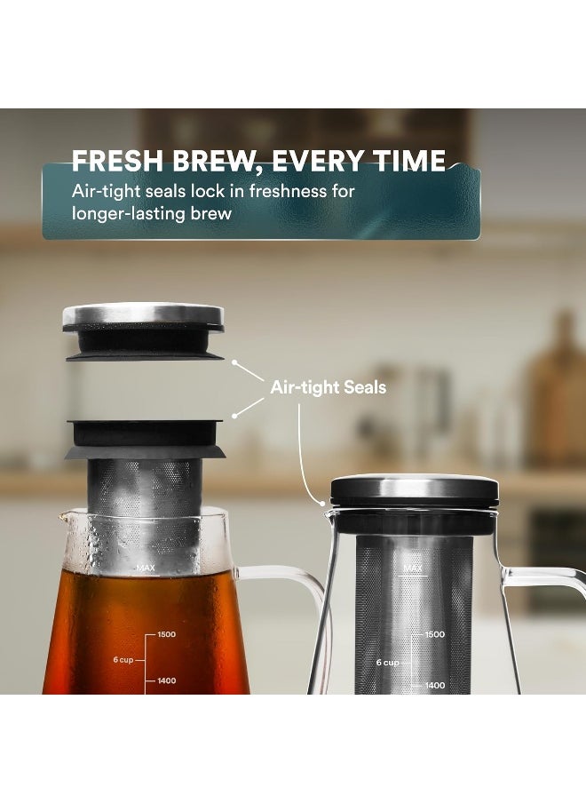 Ovalware Airtight Cold Brew Iced Coffee Maker (& Iced Tea Maker) with Spout – 1.5L/ 51oz RJ3 Brewing Glass Carafe with Removable Stainless Steel Filter