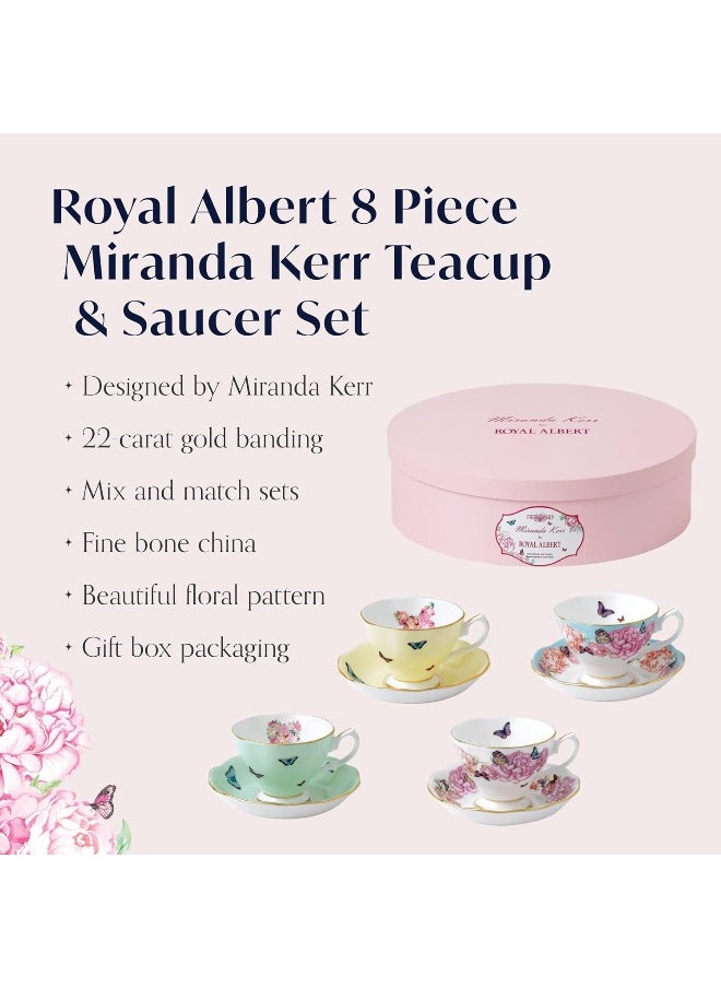 Royal Albert - Miranda Kerr 8 Piece Teacup and Saucer Gift Set - Vintage Serving Set for 4, with Bone China Tea Cup and Saucer Set - Multicolour Butterfly & Floral Pattern
