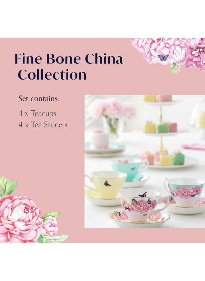 Royal Albert - Miranda Kerr 8 Piece Teacup and Saucer Gift Set - Vintage Serving Set for 4, with Bone China Tea Cup and Saucer Set - Multicolour Butterfly & Floral Pattern