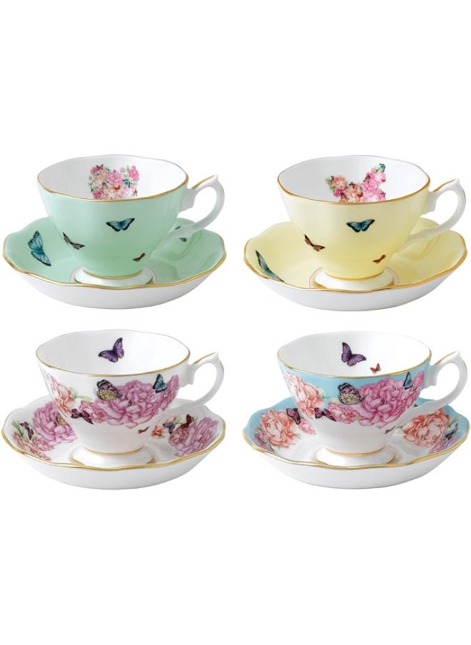Royal Albert - Miranda Kerr 8 Piece Teacup and Saucer Gift Set - Vintage Serving Set for 4, with Bone China Tea Cup and Saucer Set - Multicolour Butterfly & Floral Pattern
