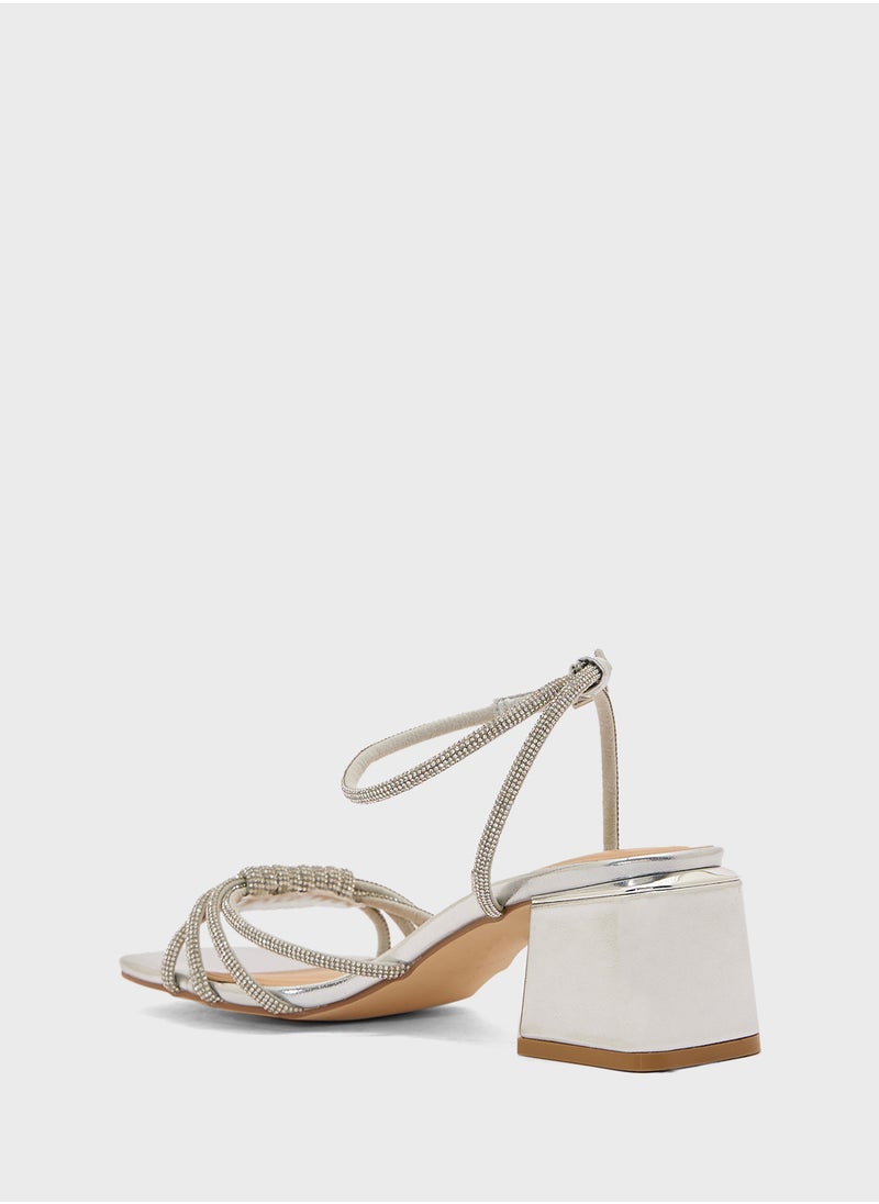 Diamante Ankle Strap Multi Strap Block Heel Sandal