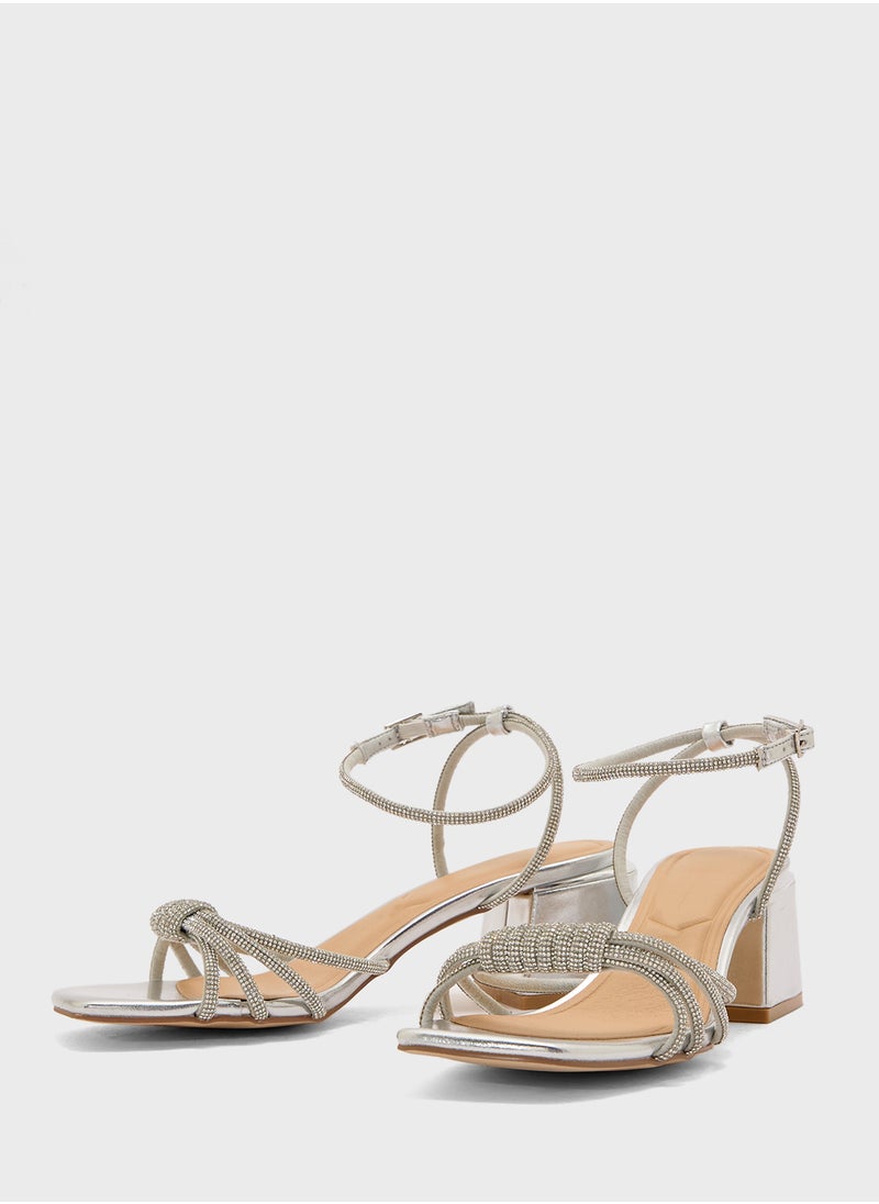Diamante Ankle Strap Multi Strap Block Heel Sandal