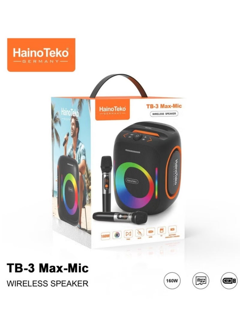 TB--3 Max Wireless Portable Bluetooth Speaker with 2 Wireless Mics –- 160W Output Power, RGB Lighting, Multi-Functional Button Control, Indoor & Outdoor Use, Black