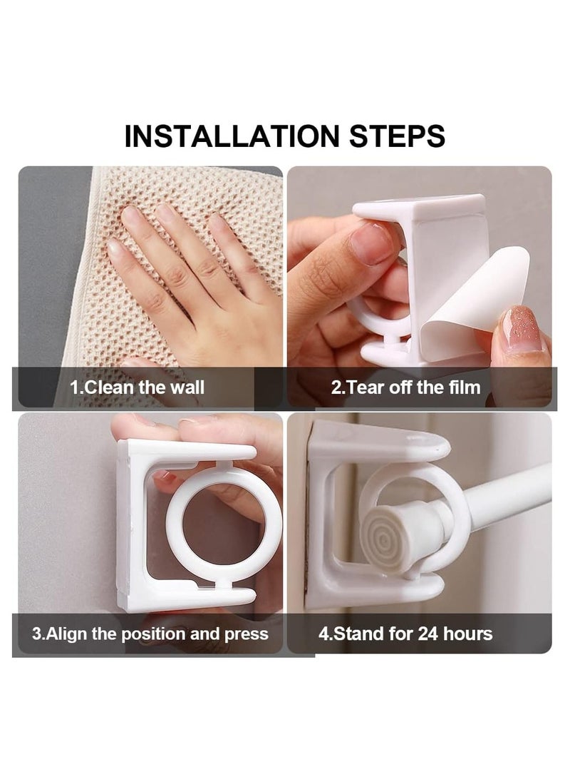 Self Adhesive Rotating Ring Curtain Rod Brackets, No Drilling, Adjustable Curtain Rod Holders for Kitchen, Bathroom, Hotel, 8Pcs (White)