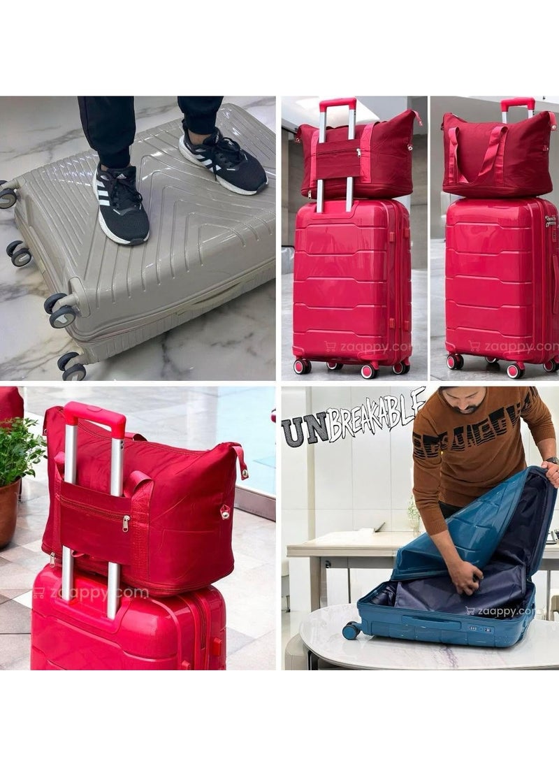 Suitcase Medium 24 Inch Unbreakable PP Hard Shell Lightweight Durable Trolley Checked Luggage with Double Spinner Wheels + Carry On Travel Duffels Bag Set