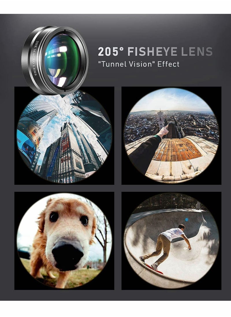 Phone Camera Lens Kit 4 in 1, Attachment for SmartPhone, 22X Telephoto Lens, 205° Fisheye 4K HD 0.67X Wide Angle 25X Macro Compatible with all Phones