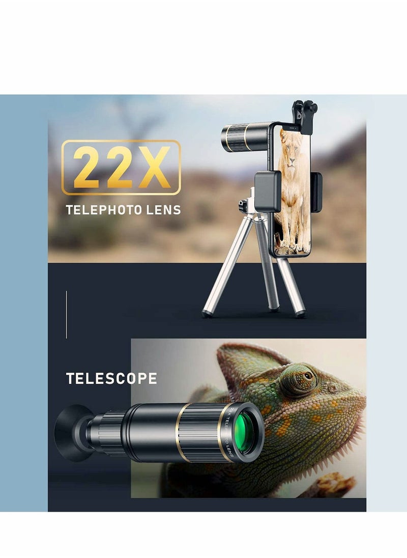 Phone Camera Lens Kit 4 in 1, Attachment for SmartPhone, 22X Telephoto Lens, 205° Fisheye 4K HD 0.67X Wide Angle 25X Macro Compatible with all Phones