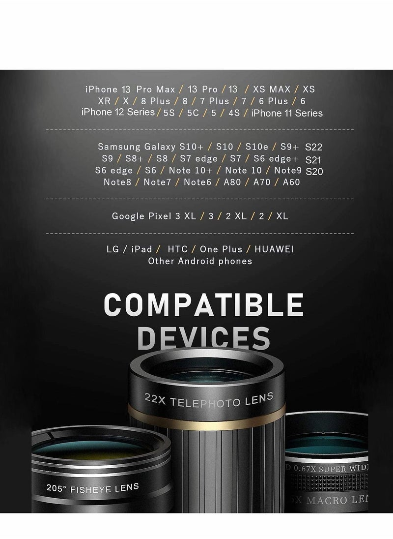 Phone Camera Lens Kit 4 in 1, Attachment for SmartPhone, 22X Telephoto Lens, 205° Fisheye 4K HD 0.67X Wide Angle 25X Macro Compatible with all Phones