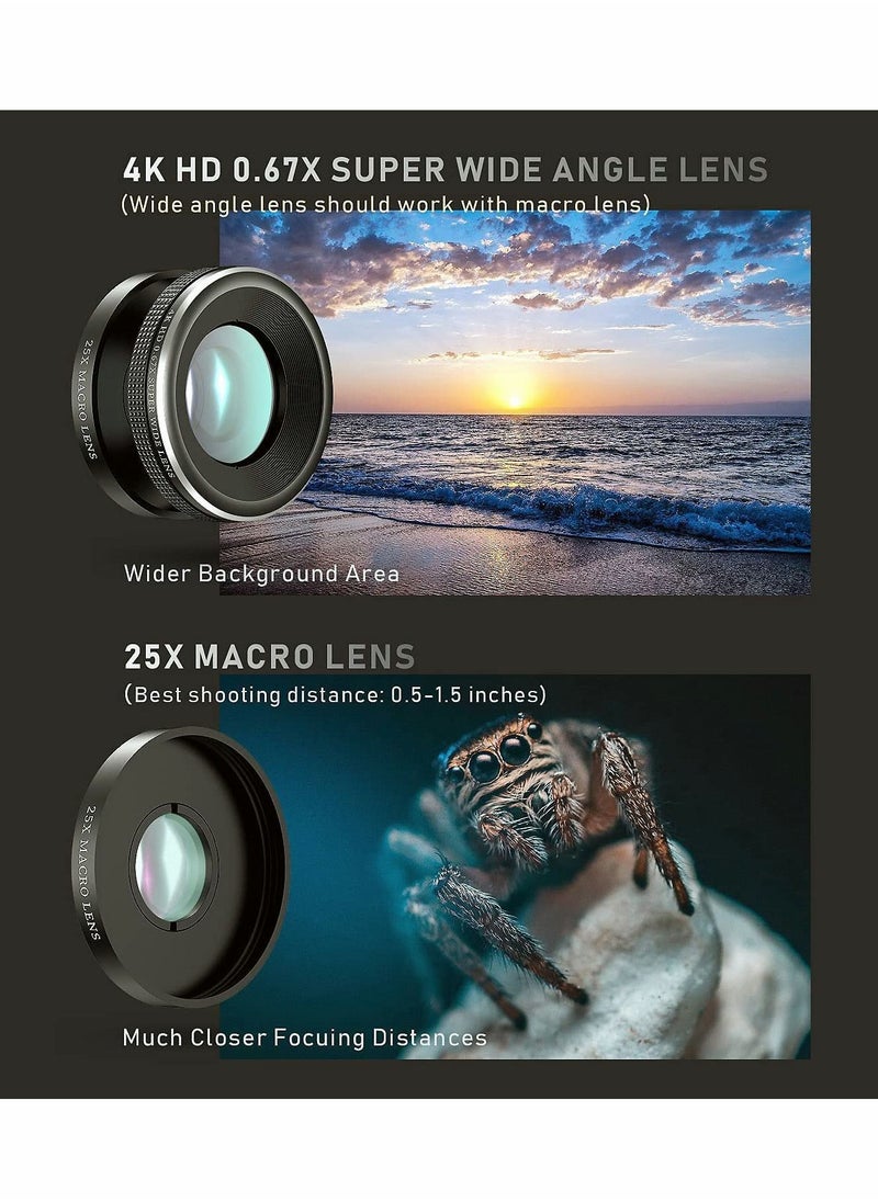 Phone Camera Lens Kit 4 in 1, Attachment for SmartPhone, 22X Telephoto Lens, 205° Fisheye 4K HD 0.67X Wide Angle 25X Macro Compatible with all Phones