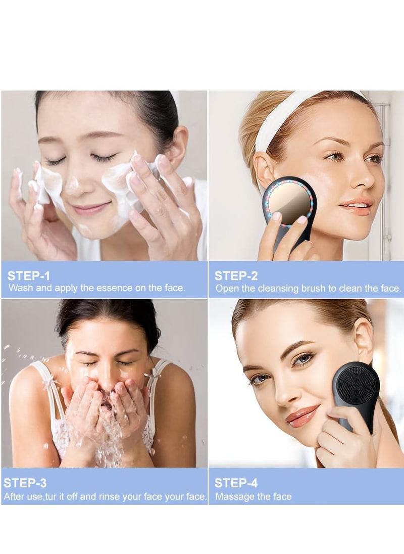 Facial Cleansing Brush Face Scrubber Waterproof Face Scrub Brush for Men & Women Rechargeable Face Brushes for Facial Electric Silicone Face Scrubber Cleanser Brush, Black