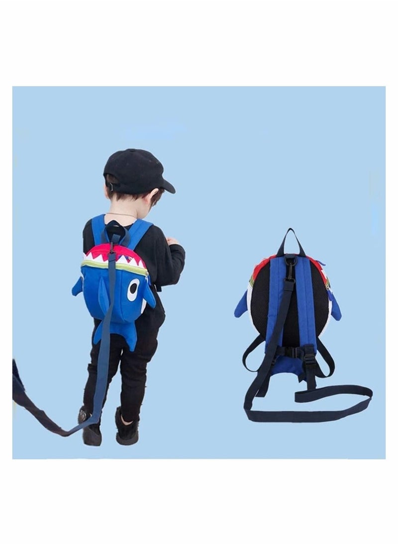 Safety Kids Leash Backpack with 2 in 1 Harness Lunch Boxes Carry Bag Cute Shark for Toddlers Boys Girls Little Playful Preschool–Blue