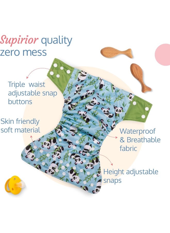 Reusable Baby Cloth Diaper, Double Leak Guard, High Absorption, Quick Dry, Stain-Proof Comfort & Protection, 3m+, Adjustable Waist And Height With Snap Buttons, Absorbent Insert, Blue Panda