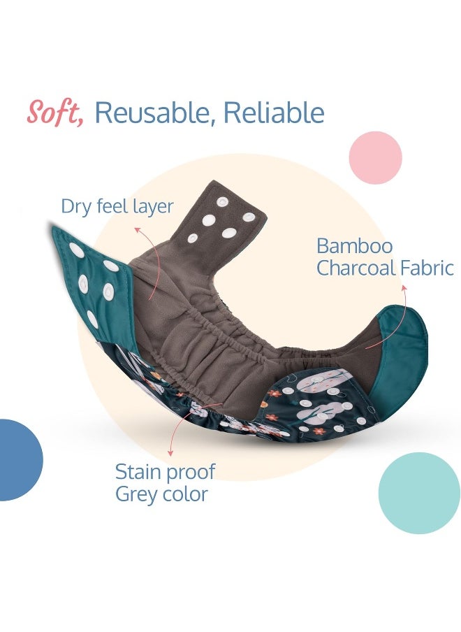 Reusable Baby Cloth Diaper, Double Leak Guard, High Absorption, Quick Dry, Stain-Proof Comfort & Protection, 3m+, Adjustable Waist And Height With Snap Buttons, Absorbent Insert, Green Bunny