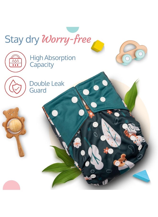 Reusable Baby Cloth Diaper, Double Leak Guard, High Absorption, Quick Dry, Stain-Proof Comfort & Protection, 3m+, Adjustable Waist And Height With Snap Buttons, Absorbent Insert, Green Bunny