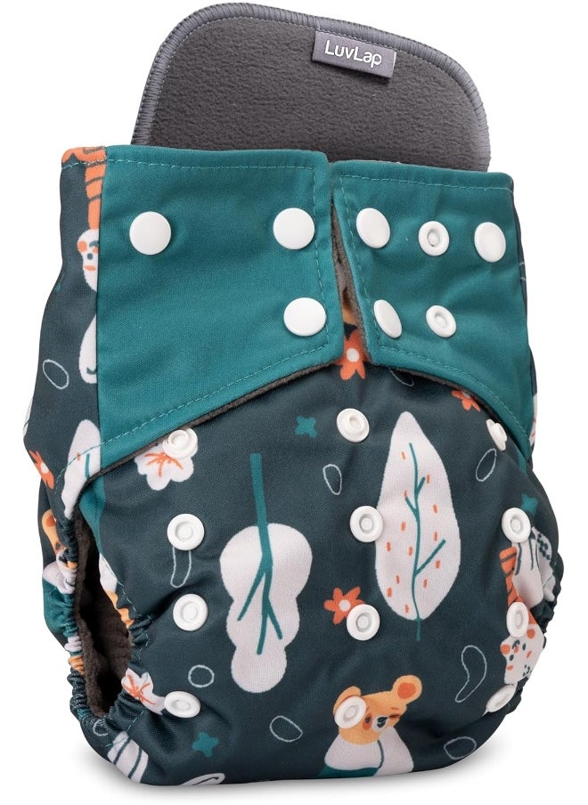 Reusable Baby Cloth Diaper, Double Leak Guard, High Absorption, Quick Dry, Stain-Proof Comfort & Protection, 3m+, Adjustable Waist And Height With Snap Buttons, Absorbent Insert, Green Bunny