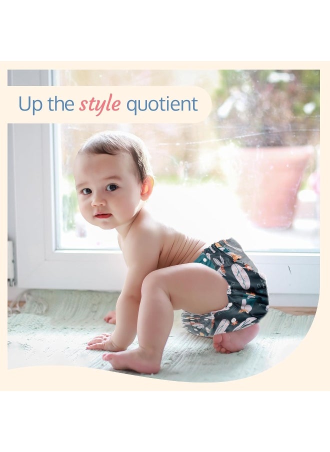 Reusable Baby Cloth Diaper, Double Leak Guard, High Absorption, Quick Dry, Stain-Proof Comfort & Protection, 3m+, Adjustable Waist And Height With Snap Buttons, Absorbent Insert, Green Bunny