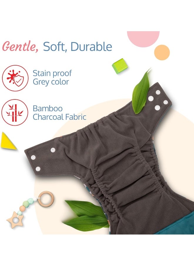 Reusable Baby Cloth Diaper, Double Leak Guard, High Absorption, Quick Dry, Stain-Proof Comfort & Protection, 3m+, Adjustable Waist And Height With Snap Buttons, Absorbent Insert, Green Bunny
