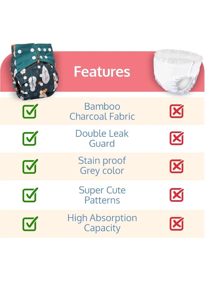 Reusable Baby Cloth Diaper, Double Leak Guard, High Absorption, Quick Dry, Stain-Proof Comfort & Protection, 3m+, Adjustable Waist And Height With Snap Buttons, Absorbent Insert, Green Bunny