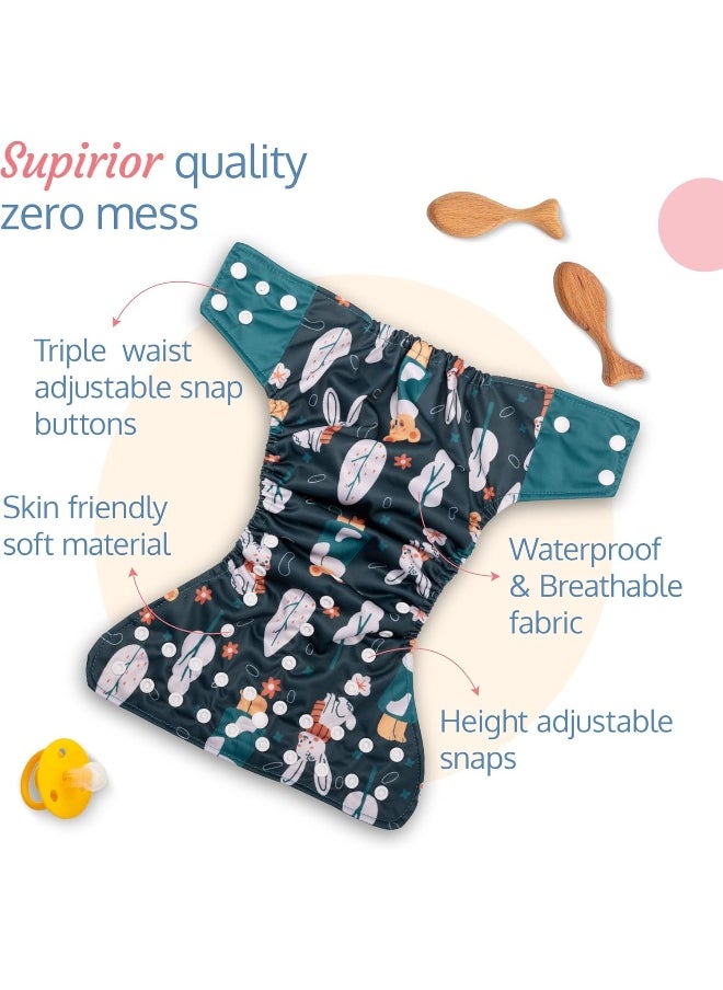 Reusable Baby Cloth Diaper, Double Leak Guard, High Absorption, Quick Dry, Stain-Proof Comfort & Protection, 3m+, Adjustable Waist And Height With Snap Buttons, Absorbent Insert, Green Bunny
