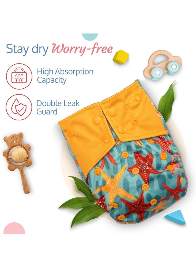 Reusable Baby Cloth Diaper, Double Leak Guard, High Absorption, Quick Dry, Stain-Proof Comfort & Protection, 3m+, Adjustable Waist And Height With Snap Buttons, Absorbent Insert, Blue Stars