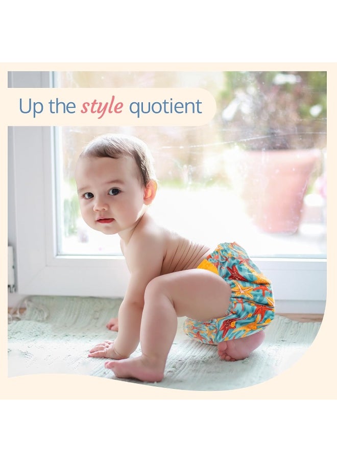 Reusable Baby Cloth Diaper, Double Leak Guard, High Absorption, Quick Dry, Stain-Proof Comfort & Protection, 3m+, Adjustable Waist And Height With Snap Buttons, Absorbent Insert, Blue Stars
