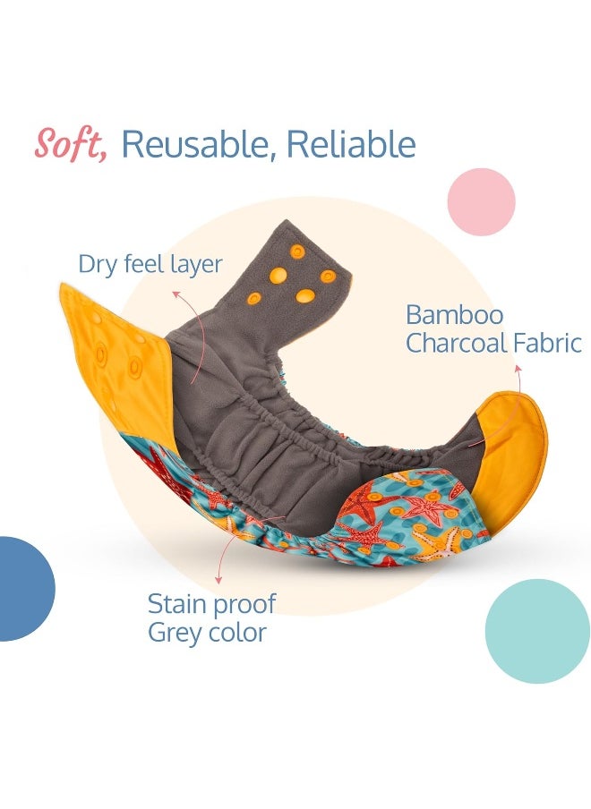 Reusable Baby Cloth Diaper, Double Leak Guard, High Absorption, Quick Dry, Stain-Proof Comfort & Protection, 3m+, Adjustable Waist And Height With Snap Buttons, Absorbent Insert, Blue Stars