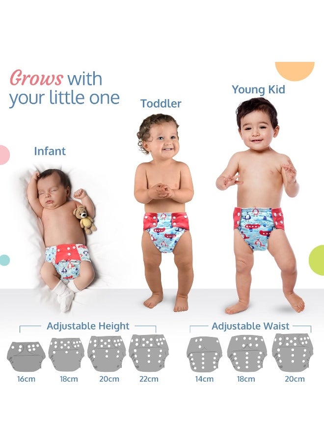 Reusable Baby Cloth Diaper, Double Leak Guard, High Absorption, Quick Dry, Stain-Proof Comfort & Protection, 3m+, Adjustable Waist And Height With Snap Buttons, Absorbent Insert, Blue Stars