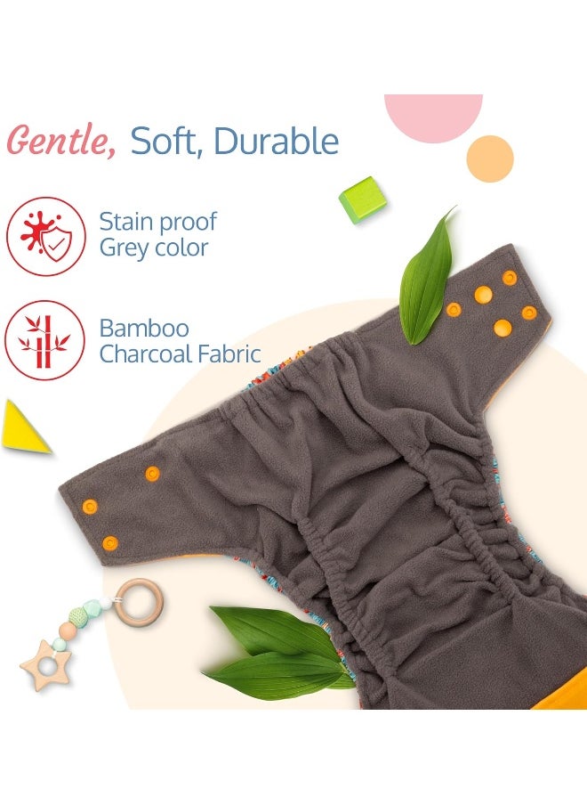 Reusable Baby Cloth Diaper, Double Leak Guard, High Absorption, Quick Dry, Stain-Proof Comfort & Protection, 3m+, Adjustable Waist And Height With Snap Buttons, Absorbent Insert, Blue Stars