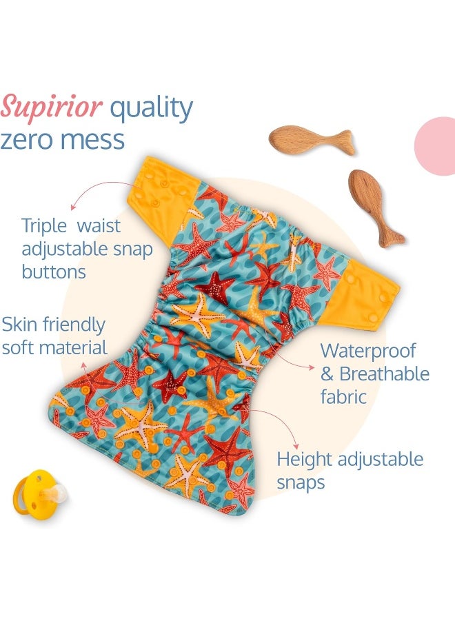 Reusable Baby Cloth Diaper, Double Leak Guard, High Absorption, Quick Dry, Stain-Proof Comfort & Protection, 3m+, Adjustable Waist And Height With Snap Buttons, Absorbent Insert, Blue Stars