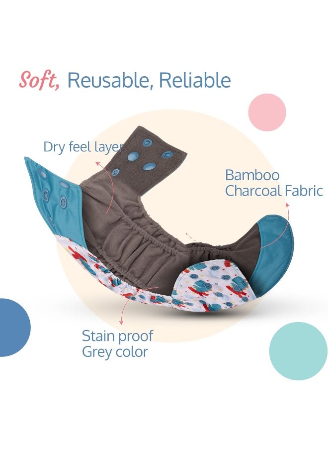 Reusable Baby Cloth Diaper, Double Leak Guard, High Absorption, Quick Dry, Stain-Proof Comfort And Protection, 3m+, Adjustable Waist And Height With Snap Buttons, Absorbent Insert, White And Blue