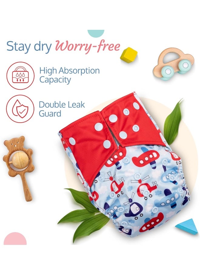 Reusable Baby Cloth Diaper, Double Leak Guard, High Absorption, Quick Dry, Stain-Proof Comfort & Protection, 3m+, Adjustable Waist And Height With Snap Buttons, Absorbent Insert, Blue Ships