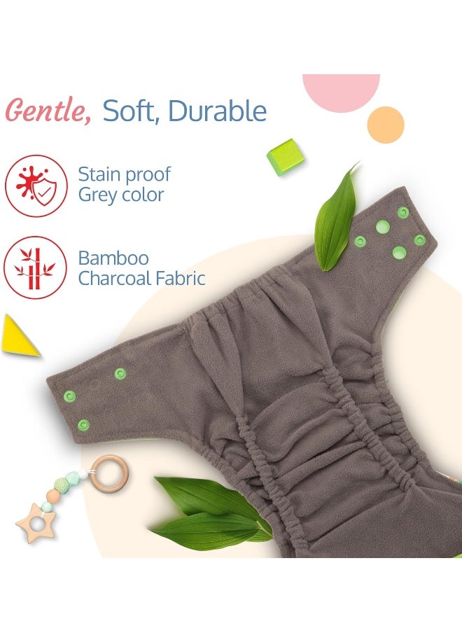 Reusable Baby Cloth Diaper, Double Leak Guard, High Absorption, Quick Dry, Stain-Proof Comfort And Protection, 3m+, Adjustable Waist And Height With Snap Buttons, Absorbent Insert, White And Green