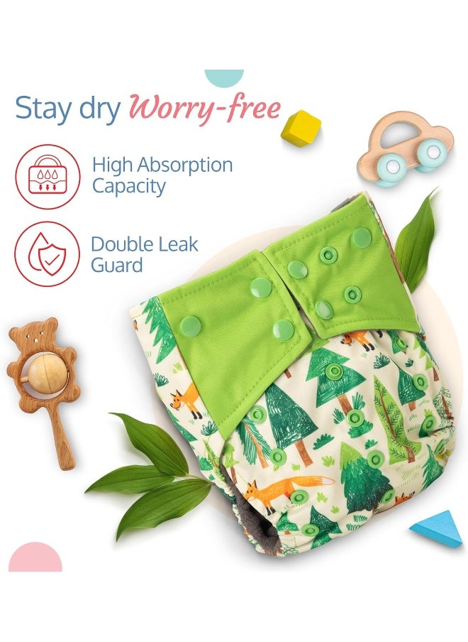 Reusable Baby Cloth Diaper, Double Leak Guard, High Absorption, Quick Dry, Stain-Proof Comfort And Protection, 3m+, Adjustable Waist And Height With Snap Buttons, Absorbent Insert, White And Green