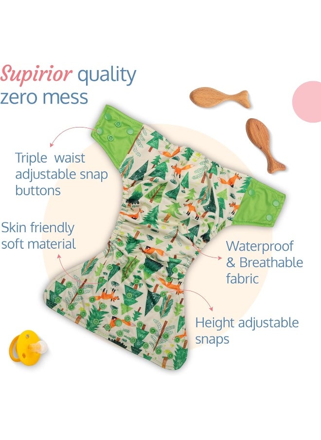 Reusable Baby Cloth Diaper, Double Leak Guard, High Absorption, Quick Dry, Stain-Proof Comfort And Protection, 3m+, Adjustable Waist And Height With Snap Buttons, Absorbent Insert, White And Green