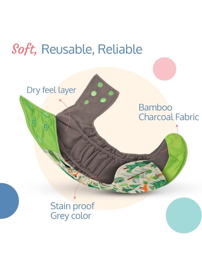Reusable Baby Cloth Diaper, Double Leak Guard, High Absorption, Quick Dry, Stain-Proof Comfort And Protection, 3m+, Adjustable Waist And Height With Snap Buttons, Absorbent Insert, White And Green