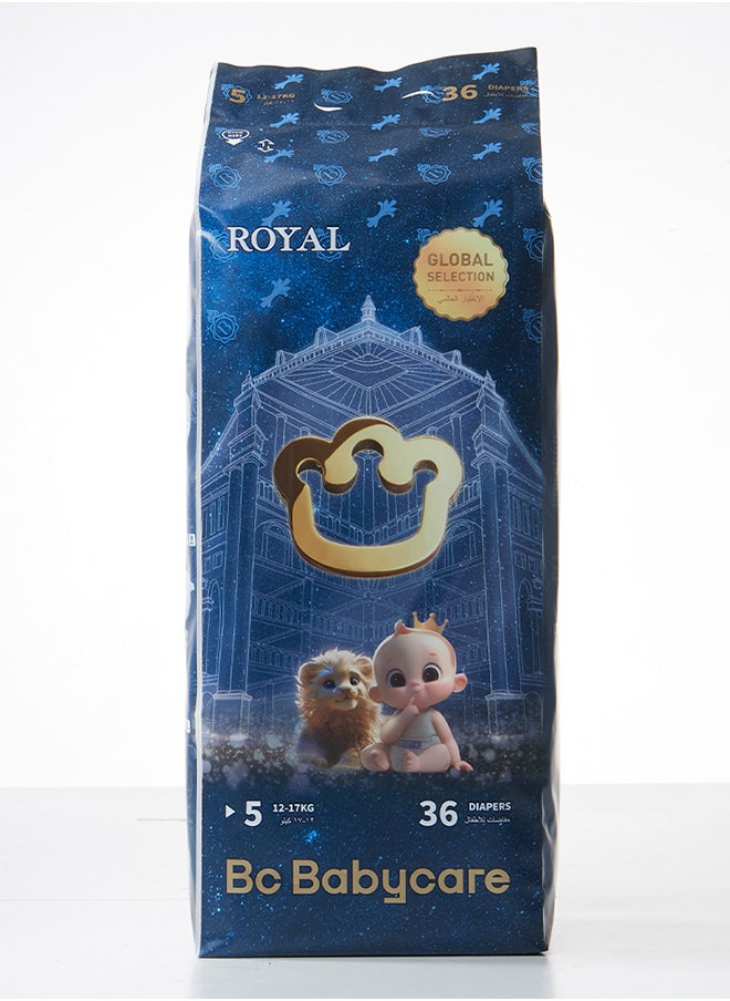 Babycare - Royal Baby Diapers, Size 5 (12–17 Kg), 36 Pieces, BPA-Free, Non-Toxic, Soft and Breathable, Leak-Proof, Ultra-Absorbent, Hypoallergenic, Secure Fit, Gentle on Baby Skin, Comfortable for Crawling, Long-Lasting Dryness, Easy to Use, Safe for Toddlers, Trusted Baby Protection