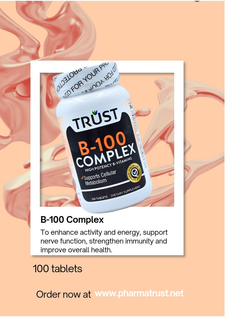 Trust B-100 complex high potency B-Vitamins for cellular metabolism support 100 tablets