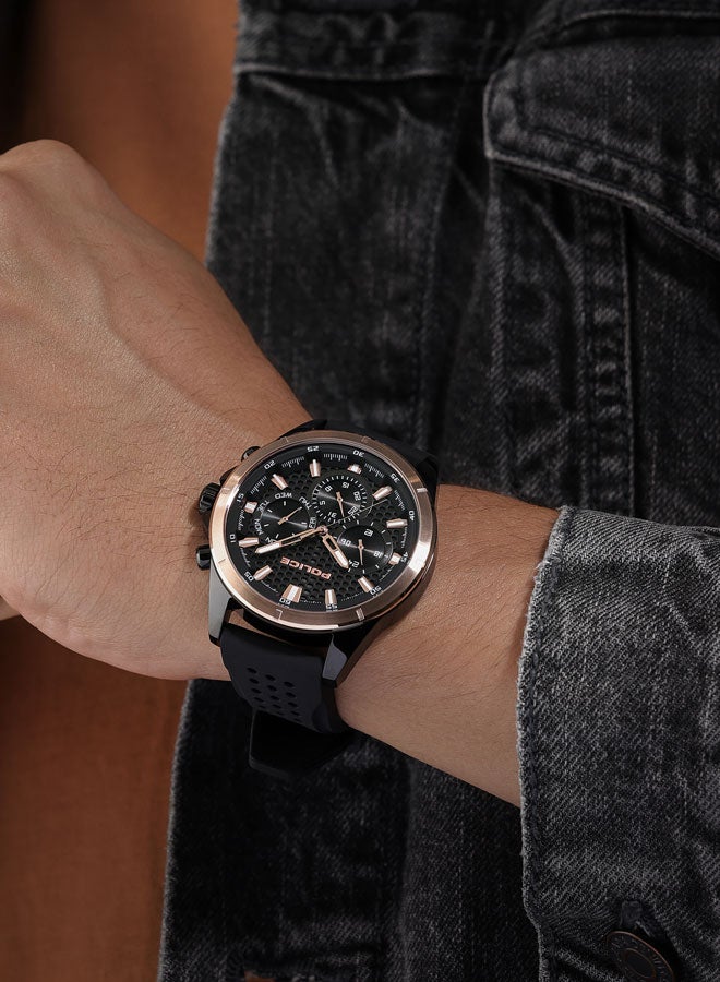 Men's Motion 45mm Multifunction Watch with Black Honeycomb Texture Dial, IP Rose Gold Topring & Silicone Strap