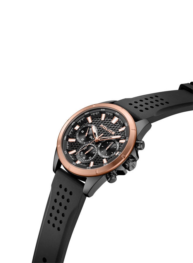 Men's Motion 45mm Multifunction Watch with Black Honeycomb Texture Dial, IP Rose Gold Topring & Silicone Strap